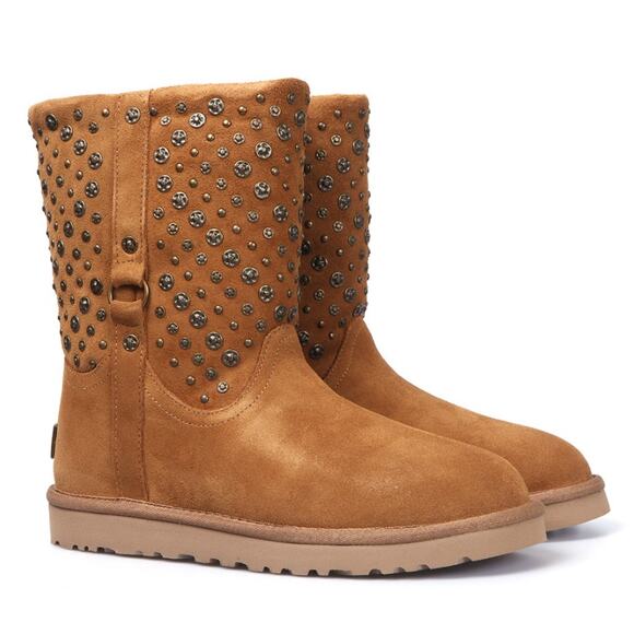 UGG Shoes - Ugg Studded Metal Sheepskin Mid Calf Eliott Boots Suede Brown Women's Size 9